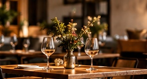 An elegant restaurant table with wine glasses and floral styling
